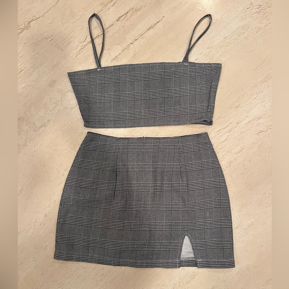 Black and White Plaid Mini Skirt Set